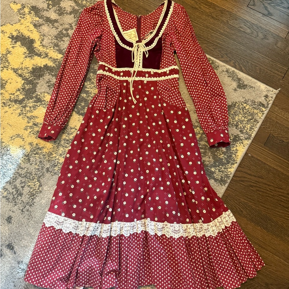1970’s Vintage Burgundy Velveteen and Calico Gunne Sax Midi Dress